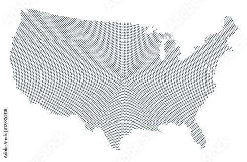 United States of America map radial dot pattern. Gray dots going from the center outwards forming the silhouette of USA without Alaska and Hawaii. Illustration on white background. Vector.