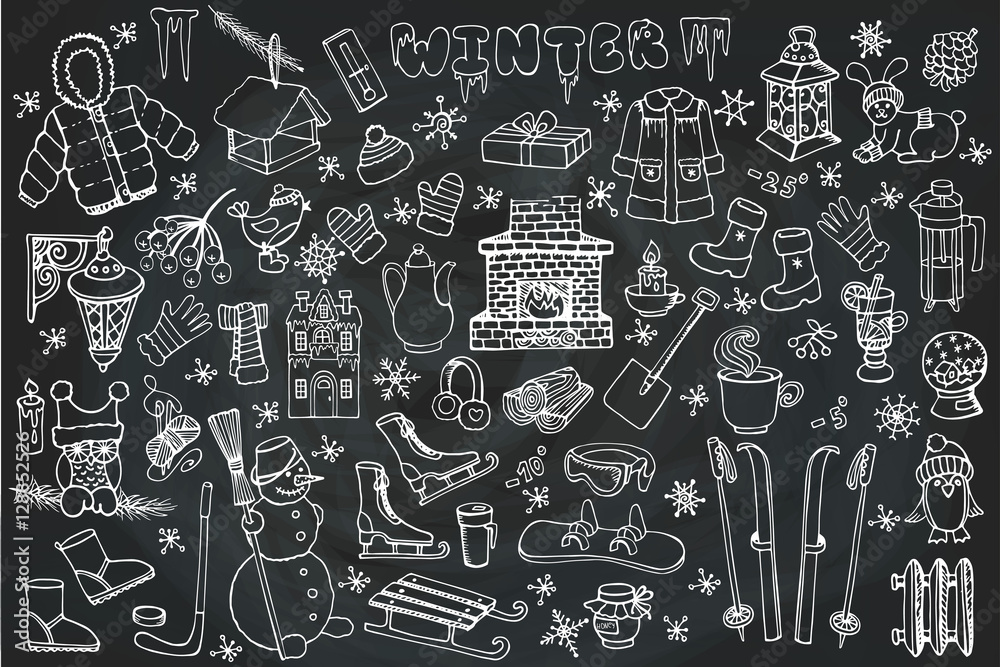 Winteer season.Doodle elements set.Chalk