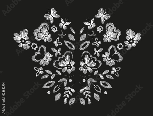 Floral design , embroidery pattern. Monochrome vector illustration hand drawn. Fantasy flowers leaves and butterflies. T-shirt designs.
