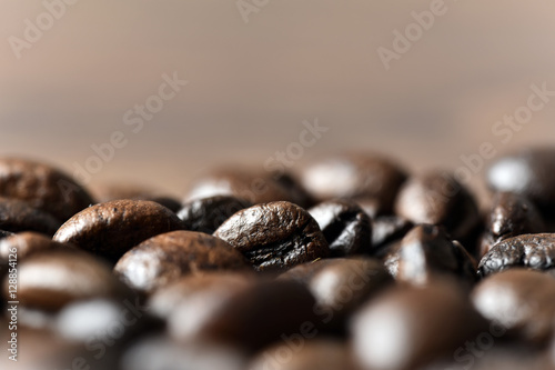 Roasted coffee beans on board close-up