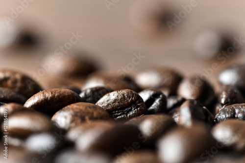Roasted coffee beans on board close-up
