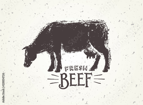 Graphic illustration of the cow with inscriptions, hand-drawn, vector illustration.