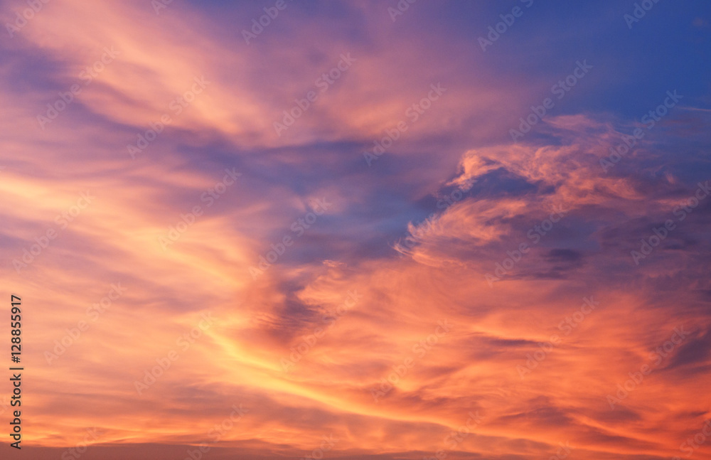Natural background. The sky at sunset, flaring all shades of the