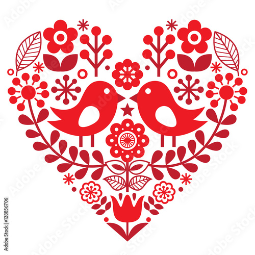 Valentine's Day folk pattern with birds and flowers - Finnish inspired