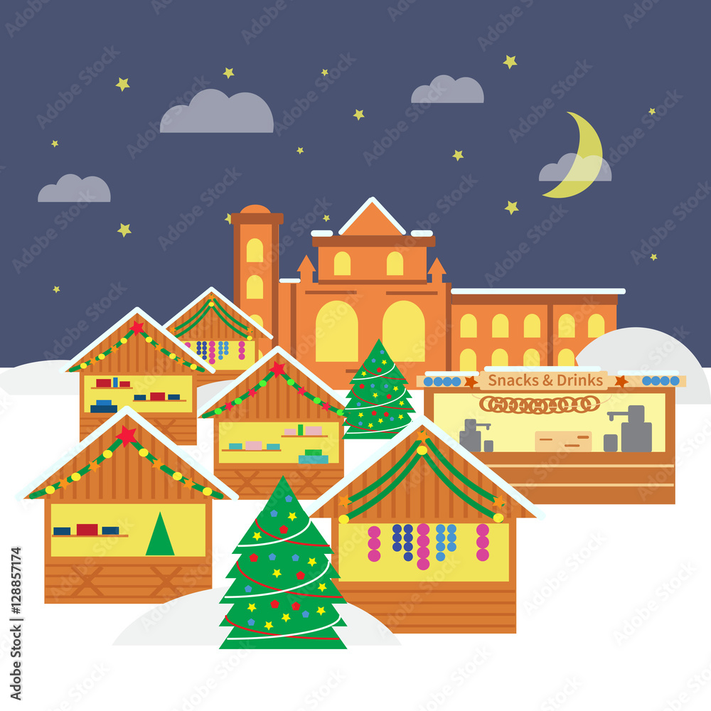Christmas market with souvenir stalls, gift shops and christmas tree by night Christmas market with souvenir stalls, gift shops and christmas tree by night
