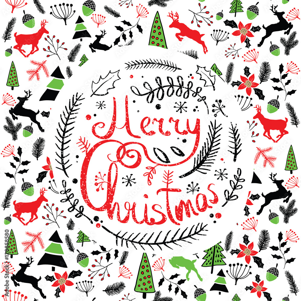 Vector illustration of a Christmas wreath. Stylized round spruce branches. Lettering. Caption. Doodle. Background with Typography. Greeting card. Pattern.