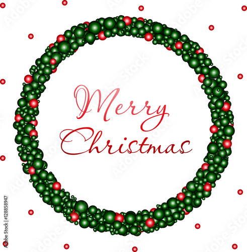Christmas wreath with green and red balls and luxury hand drawn inscription Merry Christmas on white background. Modern vector illustration.