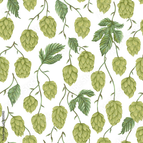 Seamless pattern with hops. Cones  leaves and branches. Isolated elements. Vintage hand drawn illustration in watercolor style