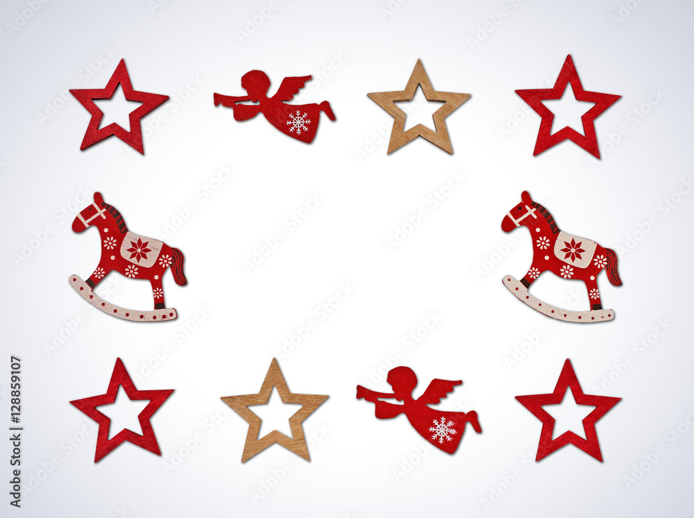 Christmas frame on a white background (Christmas wooden decoration over white background ) Christmas frame on a white background (Christmas wooden decoration over white background )