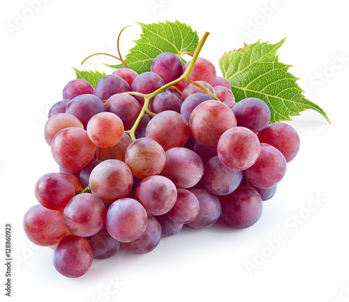 Fotografia Ripe red grape with leaves isolated on white. With clipping path