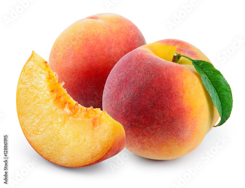 Peach with slice and leaf isolated on white. With clipping path.