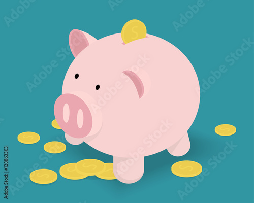 Piggy Bank and golden coins. Vector Illustration.