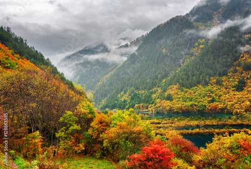 Amazing view of mountains in fog  colorful fall forest and lakes