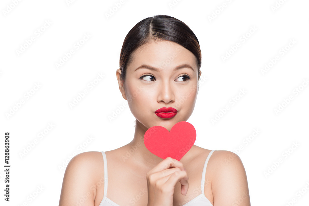 Cute attractive young woman with red heart. Valentine's day art Cute attractive young woman with red heart. Valentine's day art