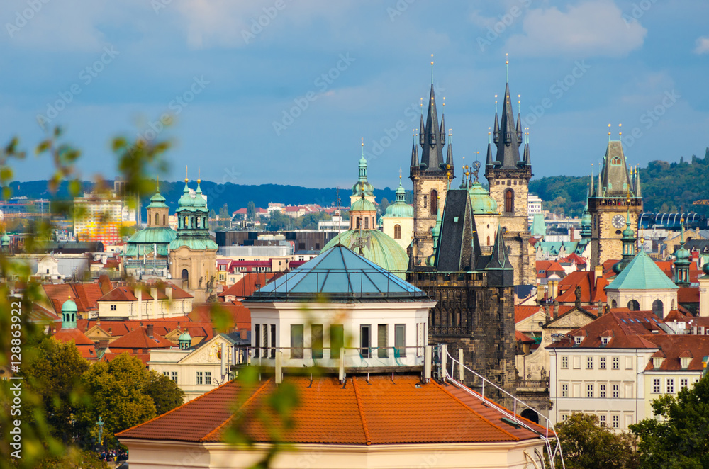 Tyn church. Cityscape view on the old town of Prague in Czech Re