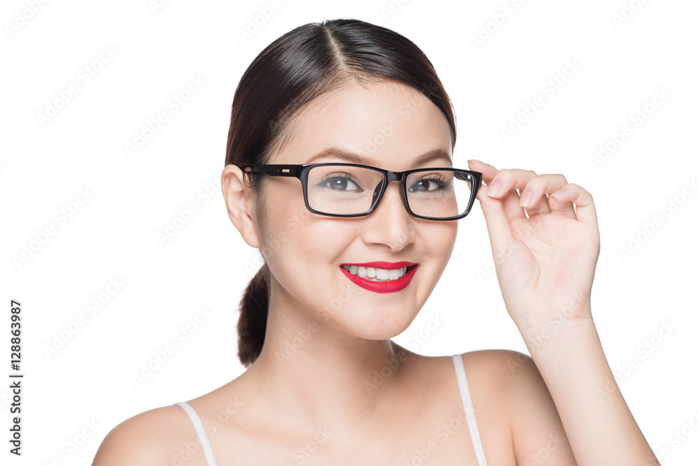 Beauty asian model girl with perfect skin wearing glasses, isola Beauty asian model girl with perfect skin wearing glasses, isola