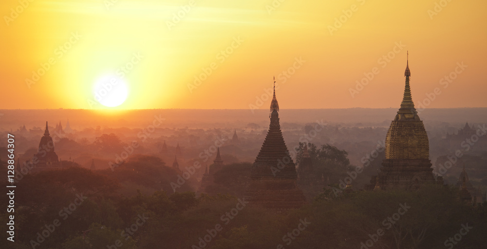 Panorama of Bagan pagodas valley shot at sunrise