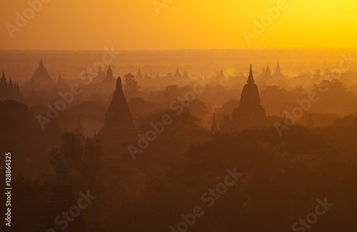 Panorama of Bagan pagodas valley shot at sunrise