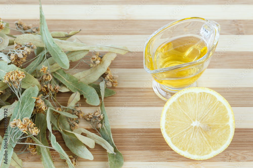 Dried lime blossom, honey and lemon for cold and flu treatment Stock