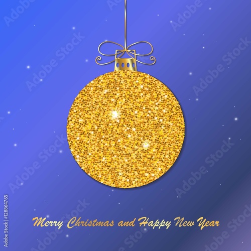 Gold Christmas ball with line bow. Holiday christmas toy for fir