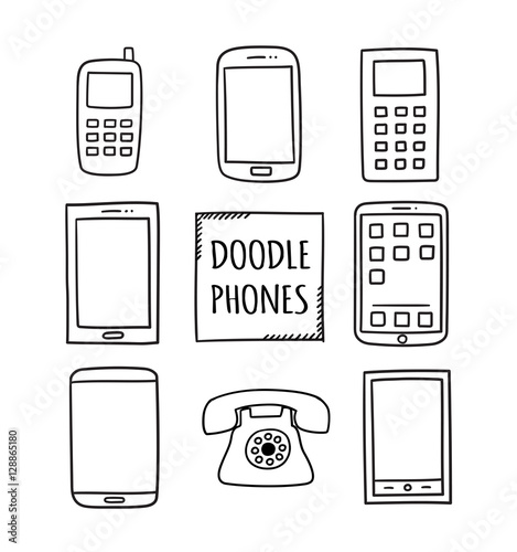 Doodle Phones Set. Old, modern, smartphones - isolated vector illustration