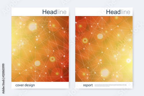 Scientific brochure design template. Vector flyer layout, Molecular structure with connected lines and dots. Scientific pattern atom DNA with elements for magazine, leaflet, cover, poster design.