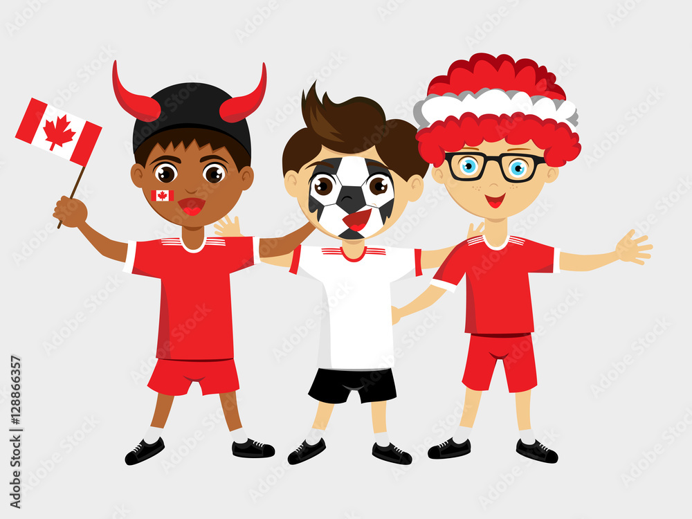 Fan of Canada national football team, sports. Boy with flag in the colors of the national command with sports paraphernalia. Kid with national flag. Fan of Canada national football team, sports. Boy with flag in the colors of the national command with sports paraphernalia. Kid with national flag.