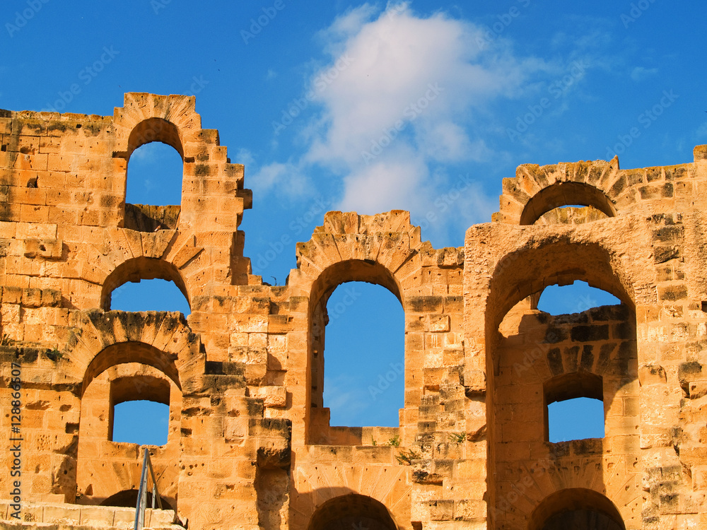 El Djem Coliseum, ancient amphitheater in Tunisia. Details on wa