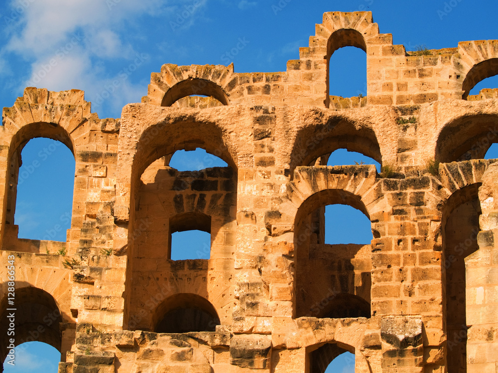 El Djem Coliseum, ancient amphitheater in Tunisia. Close up deta