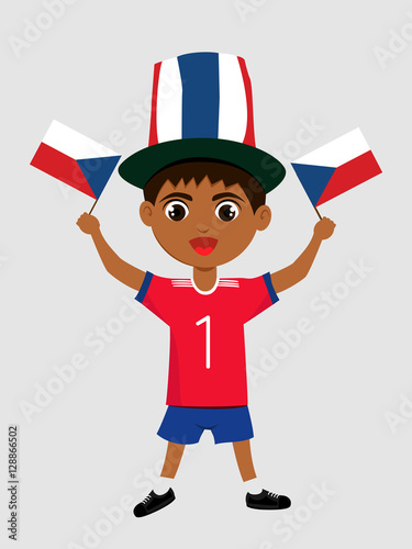 Fan of Czech Republic national football team, sports. Boy with flag in the colors of the national command with sports paraphernalia. Kid with national flag.