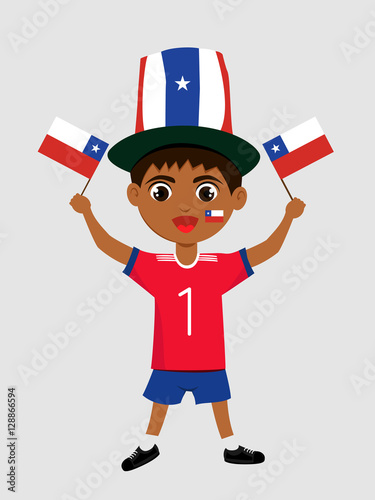 Fan of Chile national football team, sports. Boy with flag in the colors of the national command with sports paraphernalia. Kid with national flag.