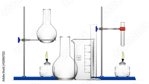 Realistic Chemical Laboratory Equipment Set. Glass Flasks, Beakers, Spirit Lamps