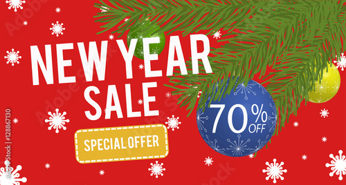 Happy New Year sale banner with 70 percent discount. Vector illustration.