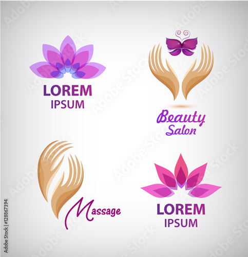 Vector set of spa logos. Lotus, massage, hands with butterfly salon icons, signs.