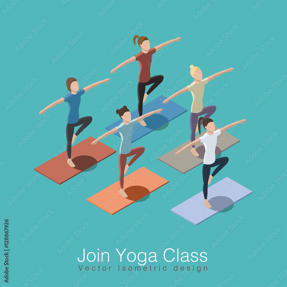 Join yoga class isometric vector illustration concept. Healthy life style. Group of women doing yoga workout at studio with trainer.