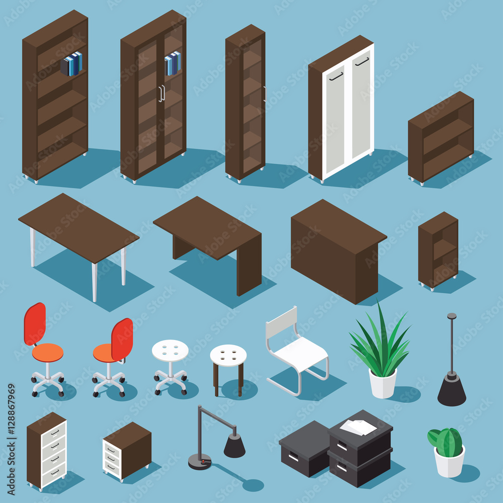 Isometric dark brown office furniture set. Collection includes tables, shelves, bureau, cabinet, locker, lamps, chairs, houseplants, paper box and cactus. Stock vector.