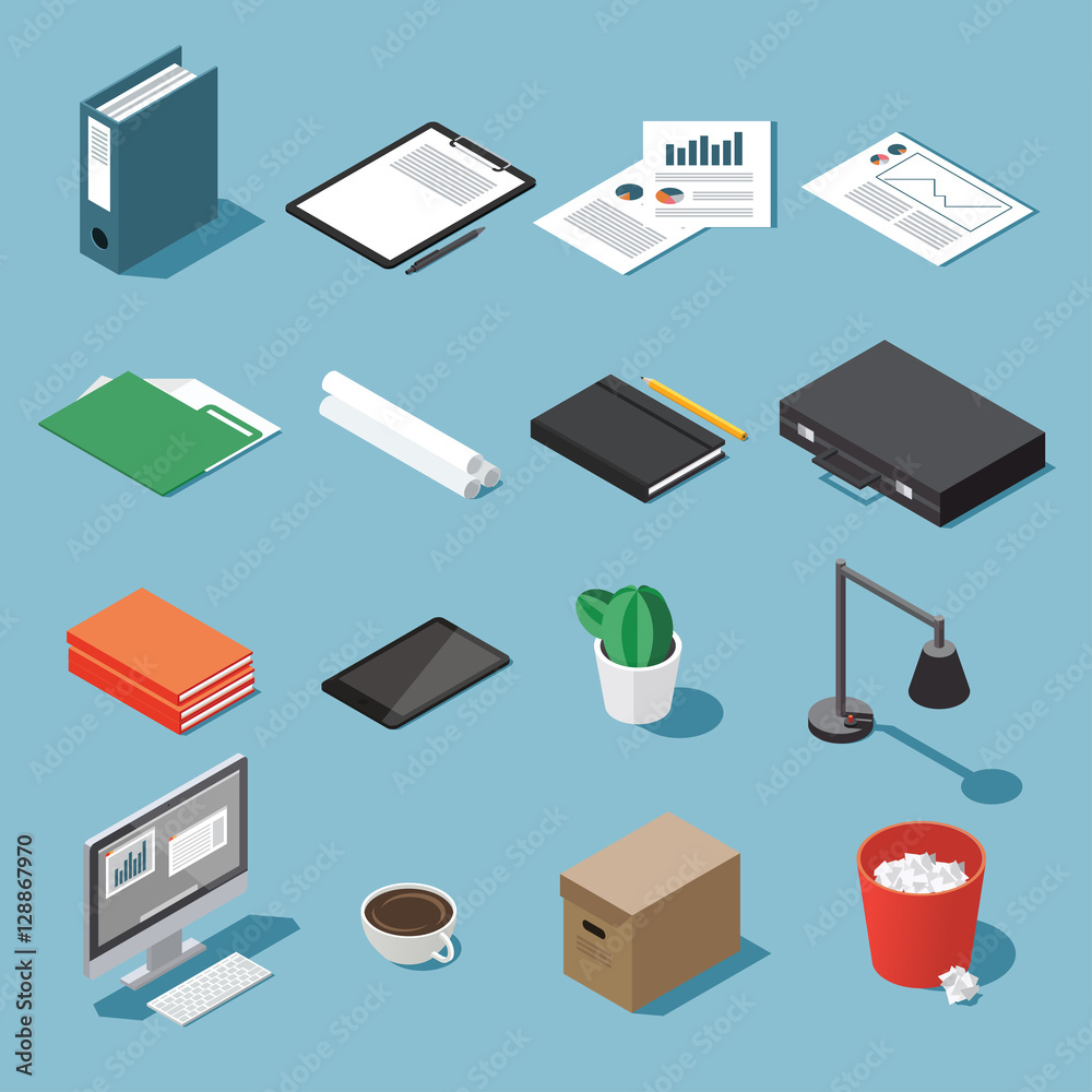 Isometric office equipment vector set: paperwork, tablet, clipboard, book, folder, pen and pencil, table lamp, desktop, case, diagram, open book and organizer, trash can,box, rolls of paper, cactus. Isometric office equipment vector set: paperwork, tablet, clipboard, book, folder, pen and pencil, table lamp, desktop, case, diagram, open book and organizer, trash can,box, rolls of paper, cactus.