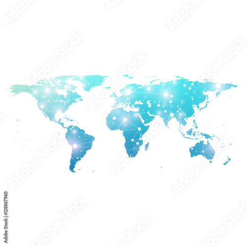 World map with global technology networking concept. Digital data visualization. Lines plexus. Big Data background communication. Scientific vector illustration.