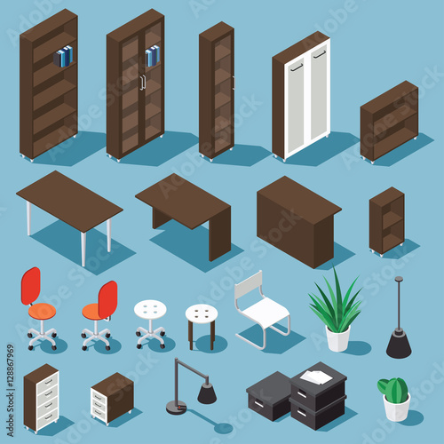 Isometric dark brown office furniture set. Collection includes tables, shelves, bureau, cabinet, locker, lamps, chairs, houseplants, paper box and cactus. Stock vector.