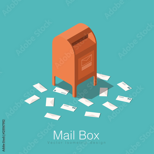 Mail box isometric vector illustration. Red mail box with envelopes laying around. Concept design for your poster, card or any web material.