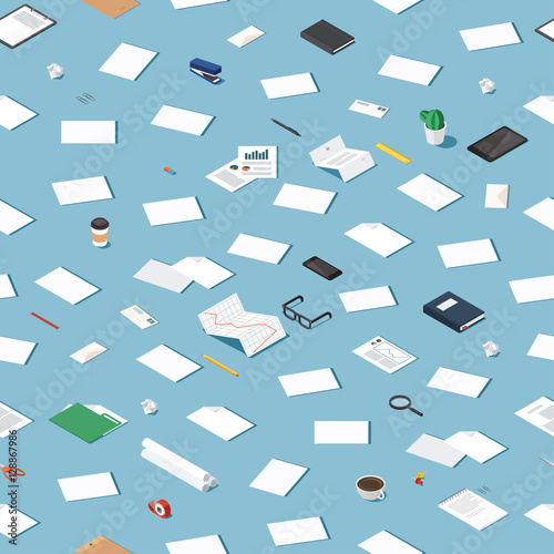 Vector isometric office stationery seamless pattern. Pattern of office supplies: paper, document, report, cup of coffee, pen, pencil, book, envelope, glasses, folder, tablet, magnifier, smart phone.