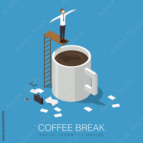 Coffee break isometric concept stock vector illustration. Business man has a break, leaves his case, papers, phone and glasses then jumps to the giant cup of coffee.