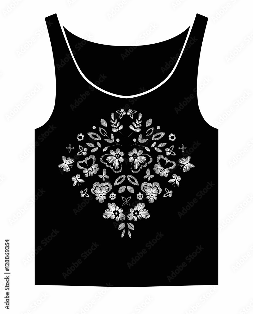 T-shirt design with flowers , leaves and butterflies. Black and white vector illustration hand drawn. T-shirt design with flowers , leaves and butterflies. Black and white vector illustration hand drawn.