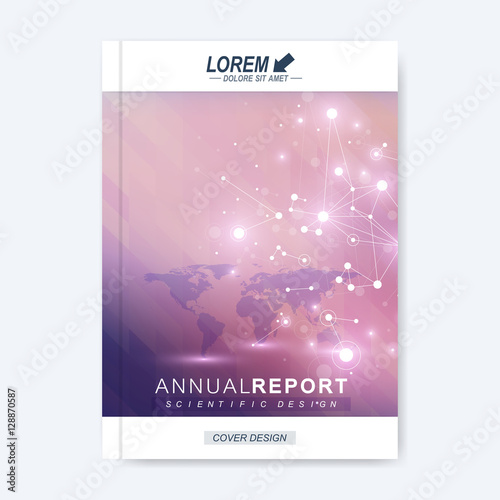 Modern vector template for brochure  leaflet  flyer  cover  magazine or annual report with World Map. Molecular layout. Business  science  technology design book layout. Scientific molecule background