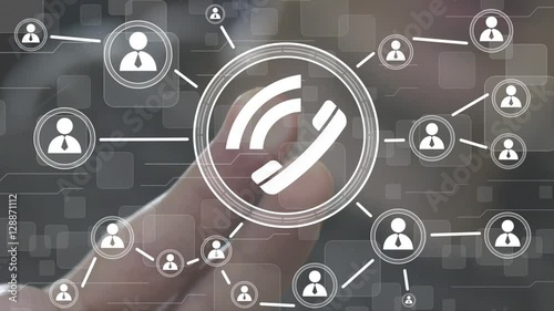 Businessman hand press button telephone web network