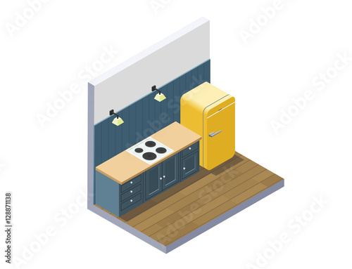 Vector isometric illustration of kitchen furniture, home equipment.