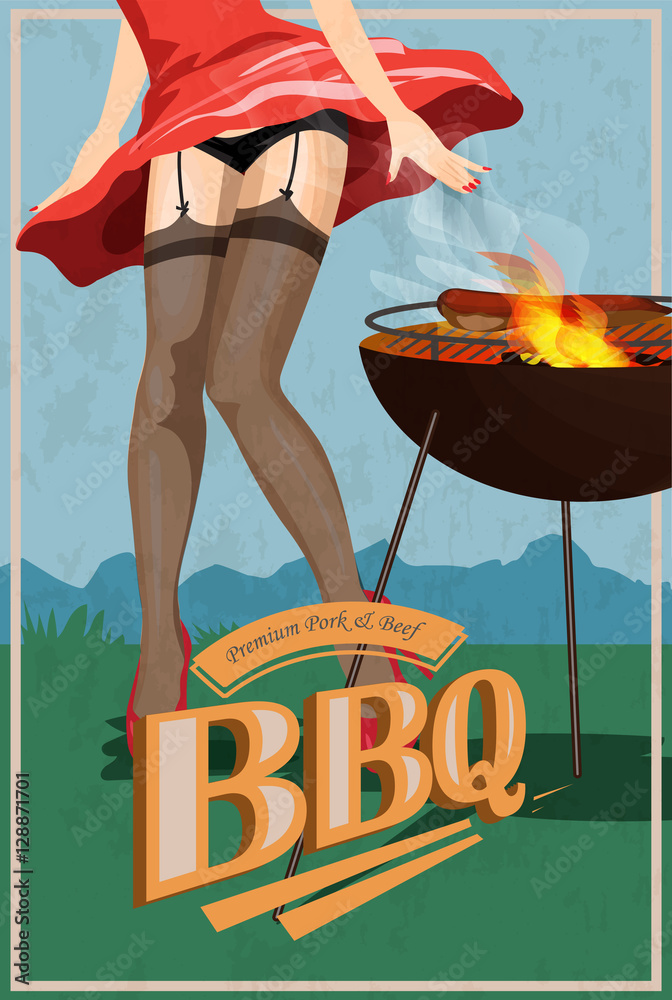 Sexy grilling woman. Pin up girl in stockings cooking BBQ. Funny  illustration. Vector vector de Stock | Adobe Stock