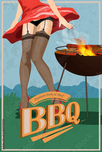 Sexy grilling woman. Pin up girl in stockings cooking BBQ. Funny illustration. Vector