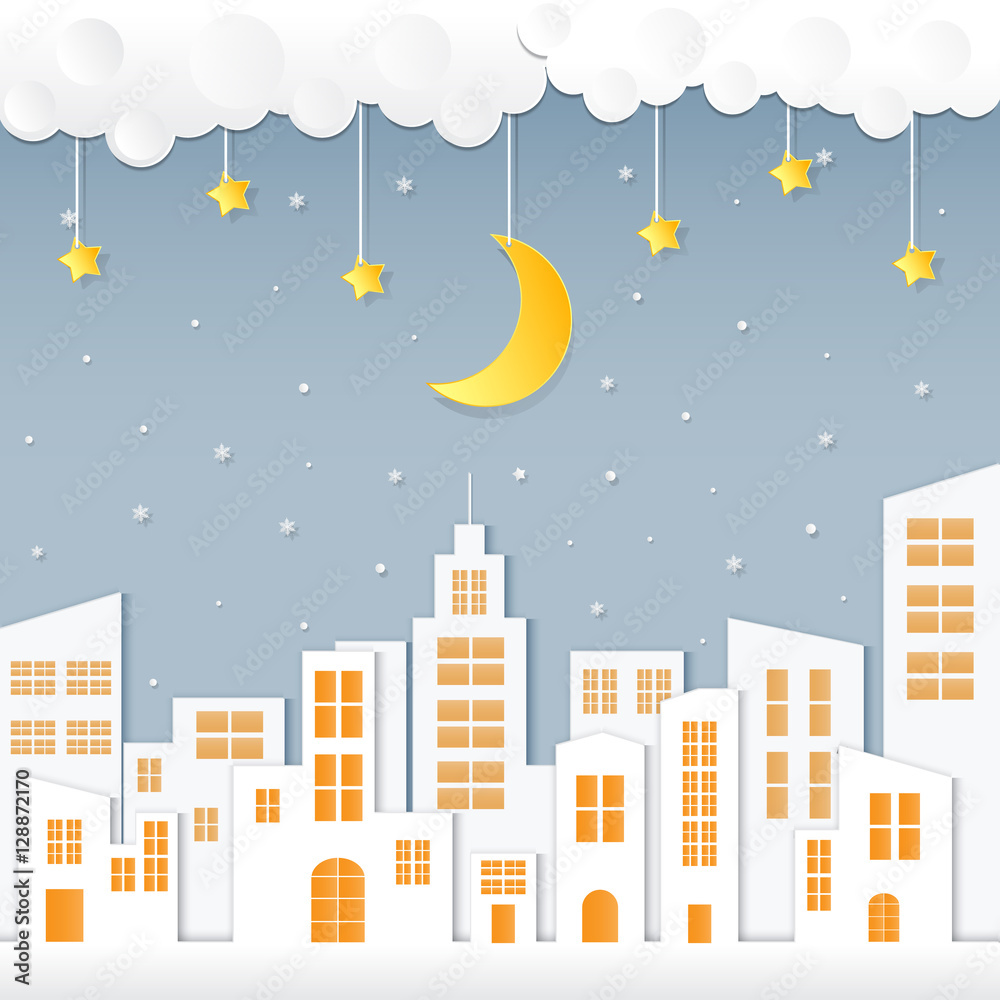 Night background with white city and moon hanging, vector illustration Night background with white city and moon hanging, vector illustration