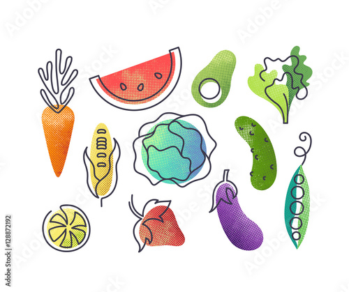 Colorful icons' set of fruits and vegetables.